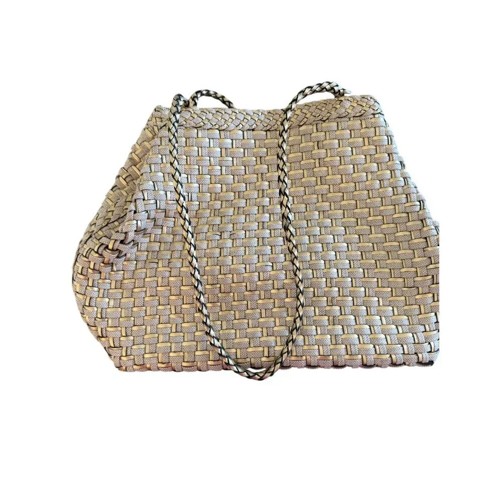 L.J.S. Collection Womens Tote Bag Gold Beige All-Over Woven Pattern Vintage